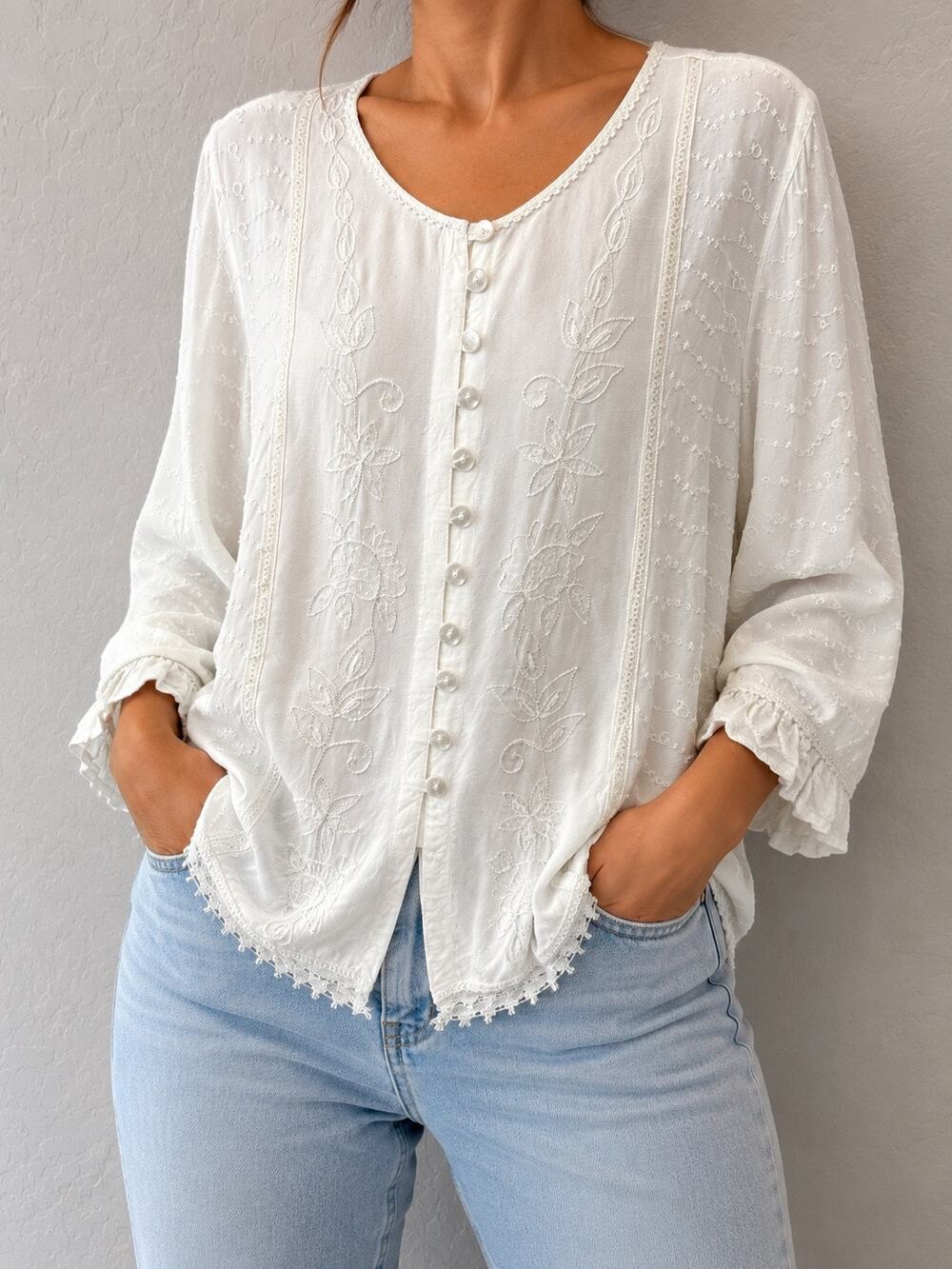 SCULLY White Embroidered Boho Rayon Peasant Blouse Cottagecore Western | Large